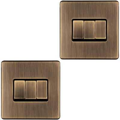 Loops 2 Pack 3 Gang Triple Switch Screwless Antique Brass 2 Way 10A Slim Rocker Light