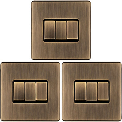 B&Q -  3 Pack 3 Gang Triple Light Switch Screwless Antique Brass 2 Way 10A Slim Rocker