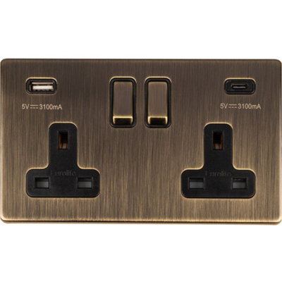 Loops 2 Gang Double 13A Uk Plug Socket & 2X 3.1A Usb-C & A Screwless Antique Brass