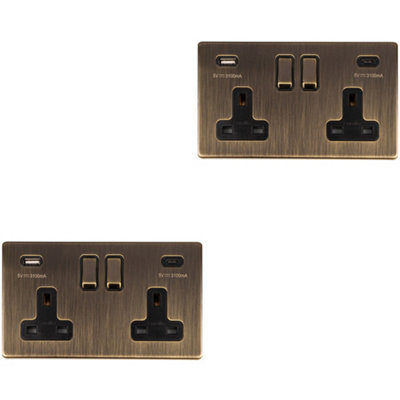 Loops 2 Pack 2 Gang Double 13A Uk Plug Socket & 2X 3.1A Usb-C Screwless Antique Brass