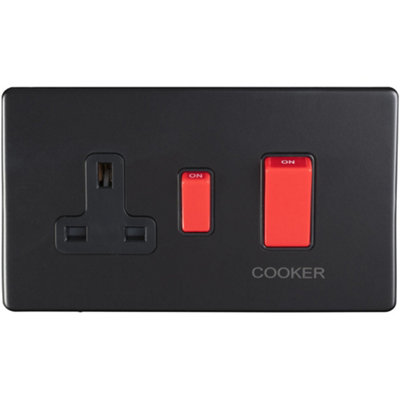 Loops Black 45A Dp Oven Cooker Switch & Single 13A Switched Socket Screwless Matt Size 45