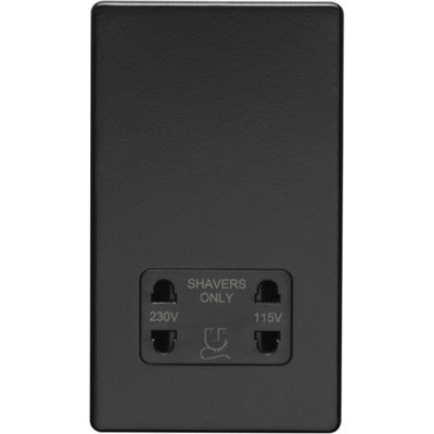 B&Q -  230V & 115V Twin Shaver Socket Wall Plate Screwless Matt Black Bathroom