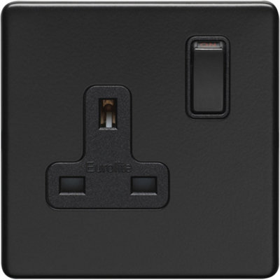 B&Q -  1 Gang Dp 13A Switched Uk Plug Socket Screwless Matt Black Wall Power Outlet