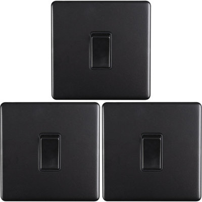 B&Q -  3 Pack 1 Gang Single Light Switch Screwless Matt Black 2 Way 10A Slim Rocker