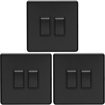 B&Q -  3 Pack 2 Gang Double Light Switch Screwless Matt Black 2 Way 10A Slim Rocker