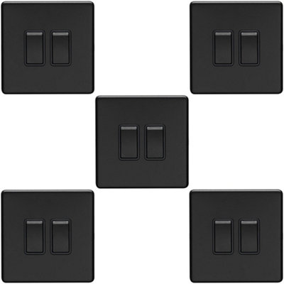 B&Q -  5 Pack 2 Gang Double Light Switch Screwless Matt Black 2 Way 10A Slim Rocker