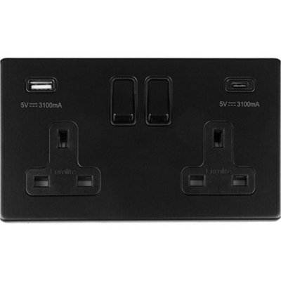 Loops 2 Gang Double 13A Uk Plug Socket & 2X 3.1A Usb-C & Usb-A Screwless Matt Black