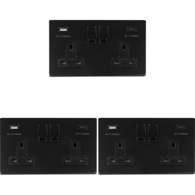 B&Q -  3 Pack 2 Gang Double 13A Uk Plug Socket & 2X 3.1A Usb-C & A Screwless Matt Black