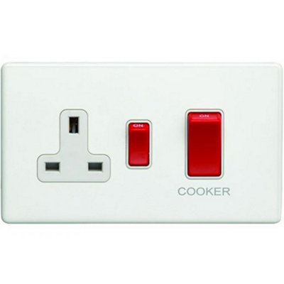 Loops White 45A Dp Oven Cooker Switch & Single 13A Switched Socket Screwless Matt Size 45