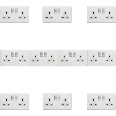 B&Q -  10 Pack 2 Gang Double Dp 13A Switched Uk Plug Socket Screwless Matt White Power