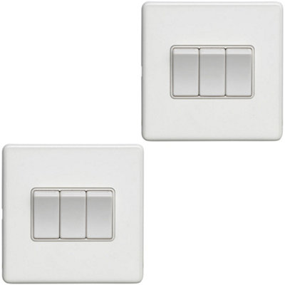 B&Q -  2 Pack 3 Gang Triple Light Switch Screwless Matt White 2 Way 10A Slim Rocker