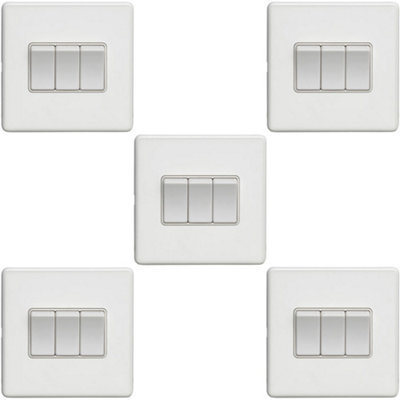 B&Q -  5 Pack 3 Gang Triple Light Switch Screwless Matt White 2 Way 10A Slim Rocker