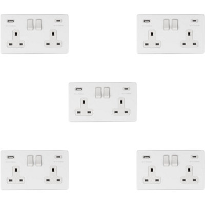 B&Q -  5 Pack 2 Gang Double 13A Uk Plug Socket & 2X 3.1A Usb-C & A Screwless Matt White
