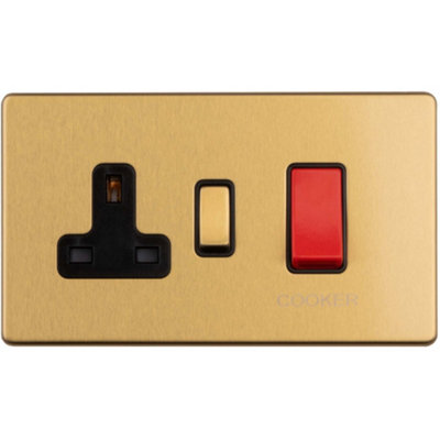 Loops 45A Dp Oven Cooker Switch & Single 13A Switched Socket Screwless Satin Brass Size 45