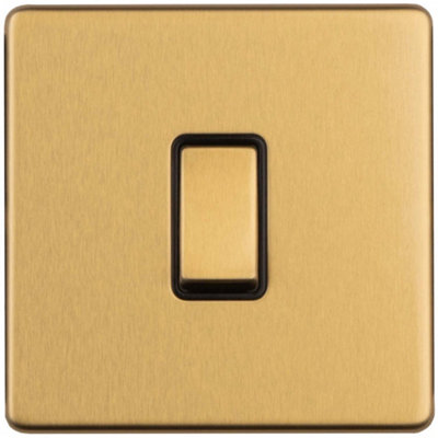 B&Q -  1 Gang Single 10A Intermediate Light Switch Screwless Satin Brass Metal Rocker