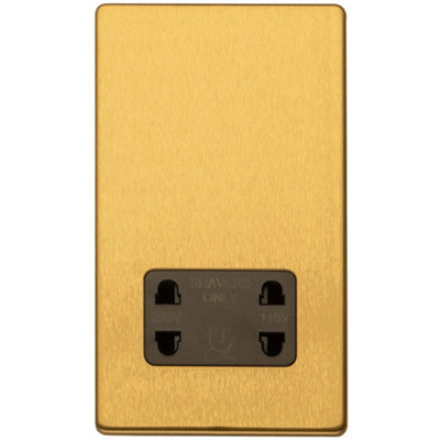 Loops 230V & 115V Twin Shaver Socket Wall Plate Screwless Satin Brass Bathroom