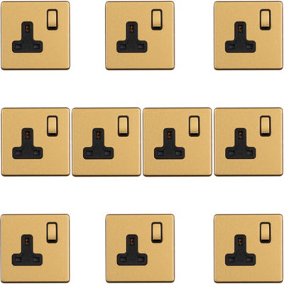 B&Q -  10 Pack 1 Gang Dp 13A Switched Uk Plug Socket Screwless Satin Brass Wall Power