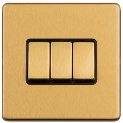 B&Q -  3 Gang Triple Light Switch Screwless Satin Brass 2 Way 10A Metal Rocker Slim