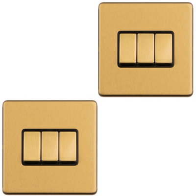 Loops 2 Pack 3 Gang Triple Switch Screwless Satin Brass 2 Way 10A Slim Rocker Light