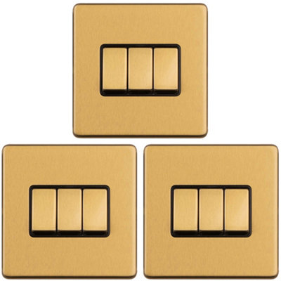 B&Q -  3 Pack 3 Gang Triple Light Switch Screwless Satin Brass 2 Way 10A Slim Rocker