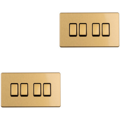 Loops 2 Pack 4 Gang Quad Switch Screwless Satin Brass 2 Way 10A Slim Rocker Light