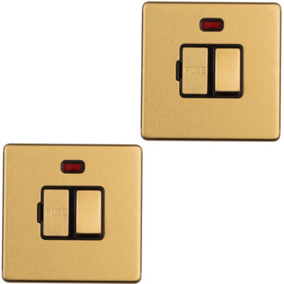 B&Q -  2 Pack 1 Gang 13A Switched Fuse Spur Neon Screwless Satin Brass Mains Isolation