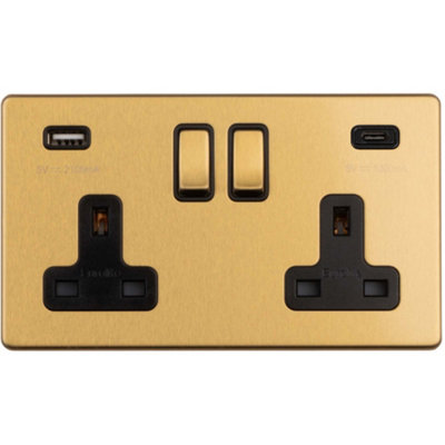 Loops 2 Gang Double 13A Uk Plug Socket & 2X 3.1A Usb-C & Usb-A Screwless Satin Brass