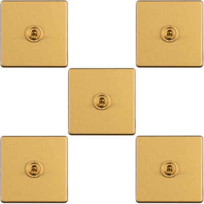B&Q -  5 Pack 1 Gang Single Retro Toggle Light Switch Screwless Satin Brass 10A 2 Way