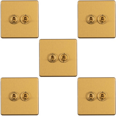 B&Q -  5 Pack 2 Gang Double Retro Toggle Light Switch Screwless Satin Brass 10A 2 Way