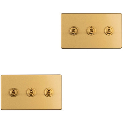 B&Q -  2 Pack 3 Gang Triple Retro Toggle Light Switch Screwless Satin Brass 10A 2 Way