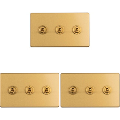 Loops 3 Pack 3 Gang Triple Retro Toggle Switch Screwless Satin Brass 10A 2 Way Light