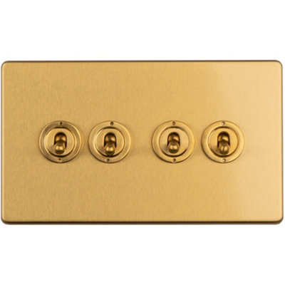 B&Q -  4 Gang Quad Retro Toggle Light Switch Screwless Satin Brass 10A 2 Way Lever