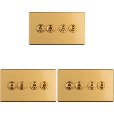 B&Q -  3 Pack 4 Gang Quad Retro Toggle Light Switch Screwless Satin Brass 10A 2 Way