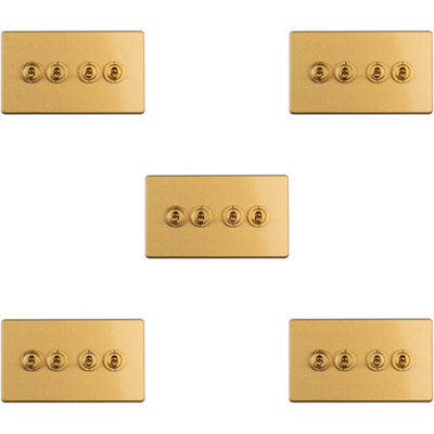 B&Q -  5 Pack 4 Gang Quad Retro Toggle Light Switch Screwless Satin Brass 10A 2 Way