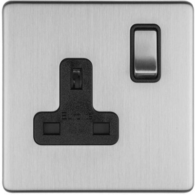 B&Q -  1 Gang Dp 13A Switched Uk Plug Socket Screwless Satin Steel Wall Power Outlet