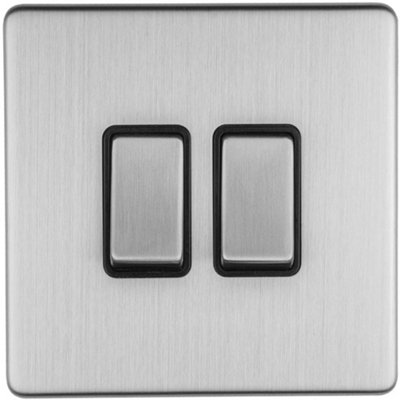 Loops 2 Gang Single Switch Screwless Satin Steel 2 Way 10A Metal Rocker Slim Light