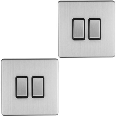 Loops 2 Pack 2 Gang Single Switch Screwless Satin Steel 2 Way 10A Slim Rocker Light