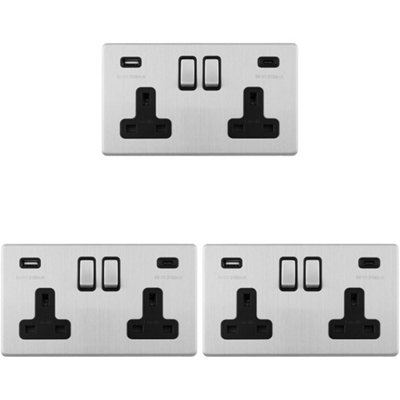 B&Q -  3 Pack 2 Gang Double 13A Uk Plug Socket & 2X 3.1A Usb-C Screwless Satin Steel