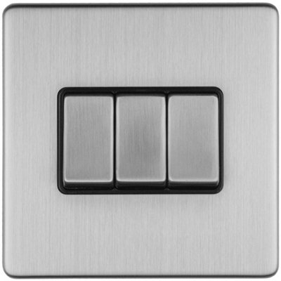 B&Q -  3 Gang Triple Light Switch Screwless Satin Steel 2 Way 10A Metal Rocker Slim