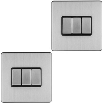 Loops 2 Pack 3 Gang Triple Switch Screwless Satin Steel 2 Way 10A Slim Rocker Light