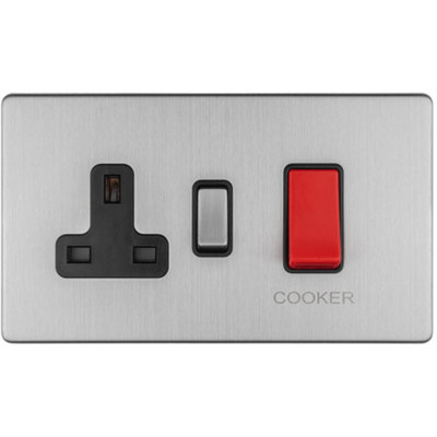 Loops 45A Dp Oven Cooker Switch & Single 13A Switched Socket Screwless Satin Steel from B&Q