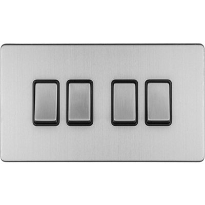 Loops 4 Gang Quad Switch Screwless Satin Steel 2 Way 10A Metal Rocker Slim Light