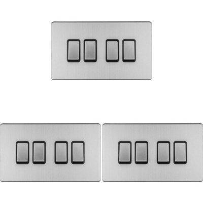 B&Q -  3 Pack 4 Gang Quad Light Switch Screwless Satin Steel 2 Way 10A Slim Rocker