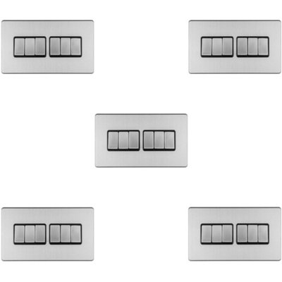 B&Q -  5 Pack 6 Gang Multi Light Switch Screwless Satin Steel 2 Way 10A Slim Rocker