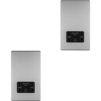 B&Q -  2 Pack 230V 115V Twin Shaver Socket Wall Plate Screwless Satin Steel Bathroom