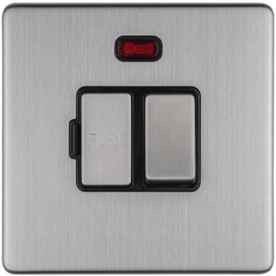 B&Q -  1 Gang 13A Switched Fuse Spur Neon Screwless Satin Steel Rocker Mains Isolation