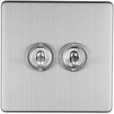 B&Q -  2 Gang Double Retro Toggle Light Switch Screwless Satin Steel 10A 2 Way Lever