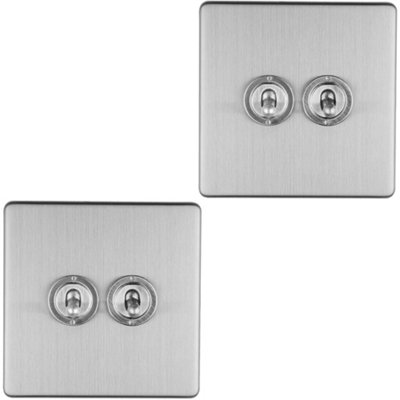 B&Q -  2 Pack 2 Gang Double Retro Toggle Light Switch Screwless Satin Steel 10A 2 Way
