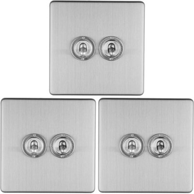 B&Q -  3 Pack 2 Gang Double Retro Toggle Light Switch Screwless Satin Steel 10A 2 Way