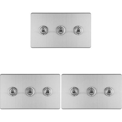 Loops 3 Pack 3 Gang Triple Retro Toggle Switch Screwless Satin Steel 10A 2 Way Light